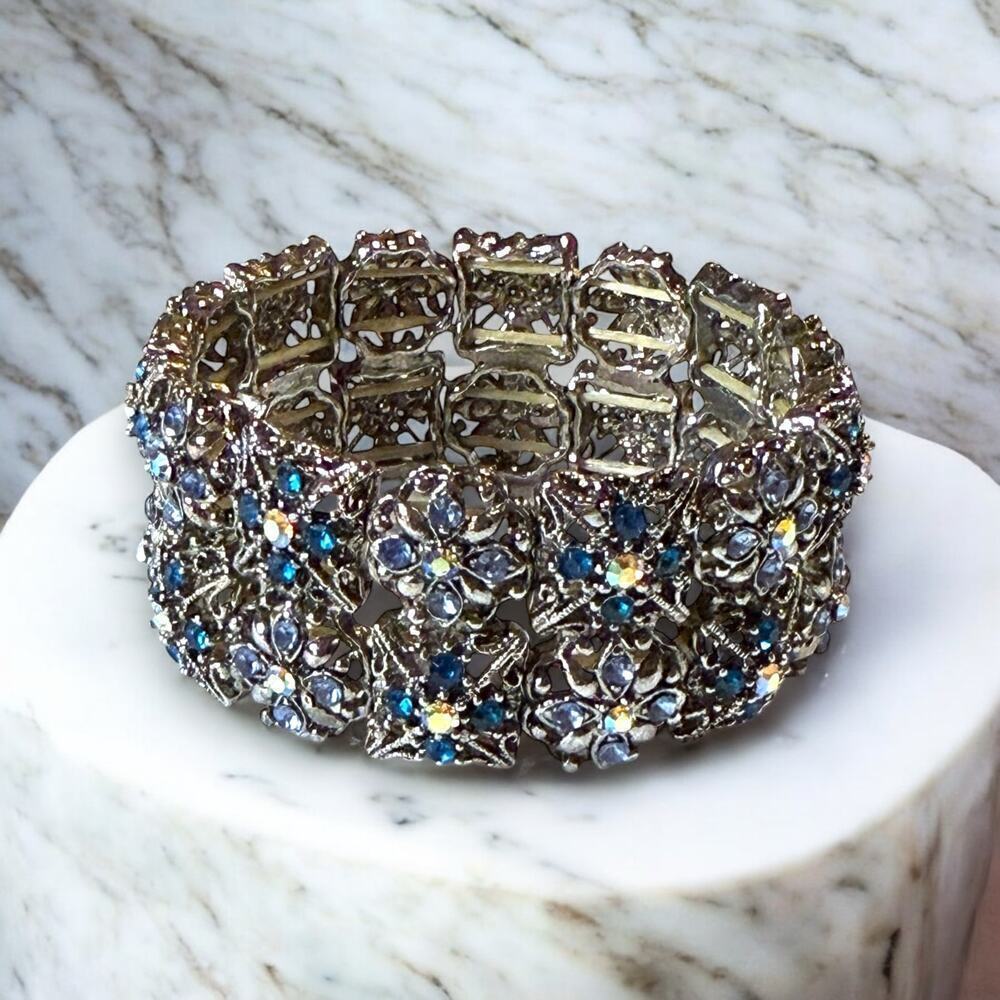 Silver Tone Etruscan Stretch Bracelet Blue & AB Rhinestones Regency Glam